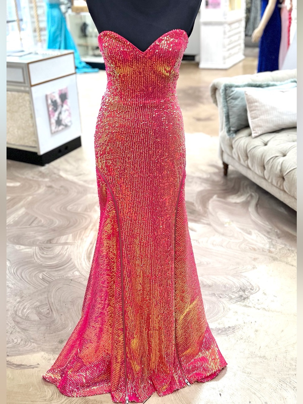 Strapless Ava Presley Sequin Prom Dress in Hot Pink and Gold